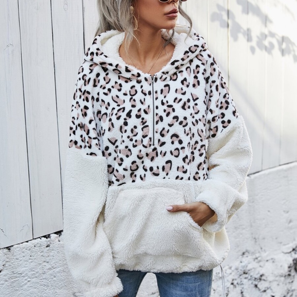 leopard print zip up kangaroo pocket teddy sweater